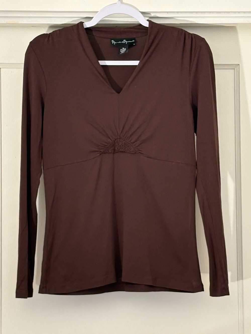 mercer & madison Brown V-Neck Long Sleeve Top with Front Gather